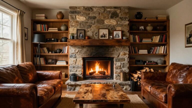 Cozy basement living room featuring a stone fireplace, leather sofas, and wooden shelves filled with books and decor, illuminated by warm firelight.