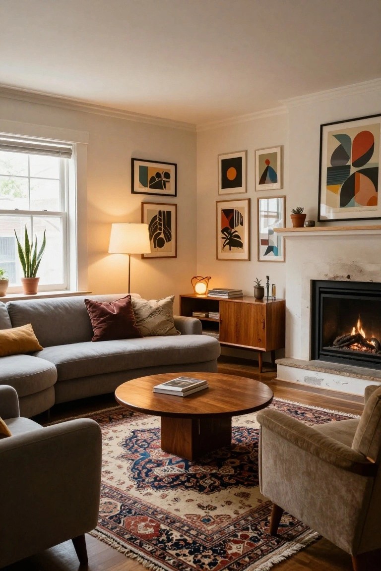 Cozy living room with gray sofa, wooden furniture, abstract art, and fireplace.