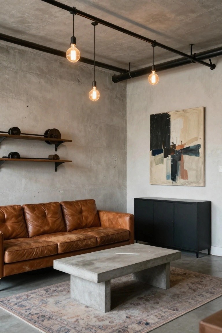Basement living room interior with tan leather L-shaped sofa, rectangular concrete coffee table on patterned rug, exposed black ceiling pipes with hanging bulb lights, wooden pulley shelves, black credenza, and large abstract painting on textured concrete wall.