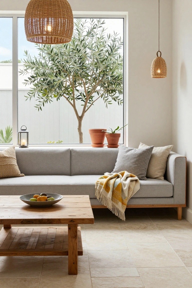 Light gray sofa with neutral pillows and yellow throw blanket in front of large windows showing an olive tree and potted plants, wooden coffee table holding a fruit bowl, rattan pendant lights hanging above, on beige tile floor.