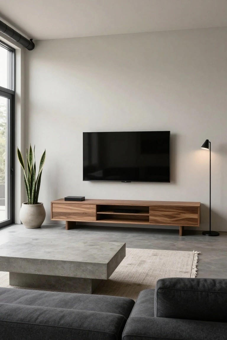 Modern minimalist living room with wall-mounted TV on wooden console, concrete coffee table and floor, gray L-shaped sofa, potted snake plant, black floor lamp, beige rug, and large windows.