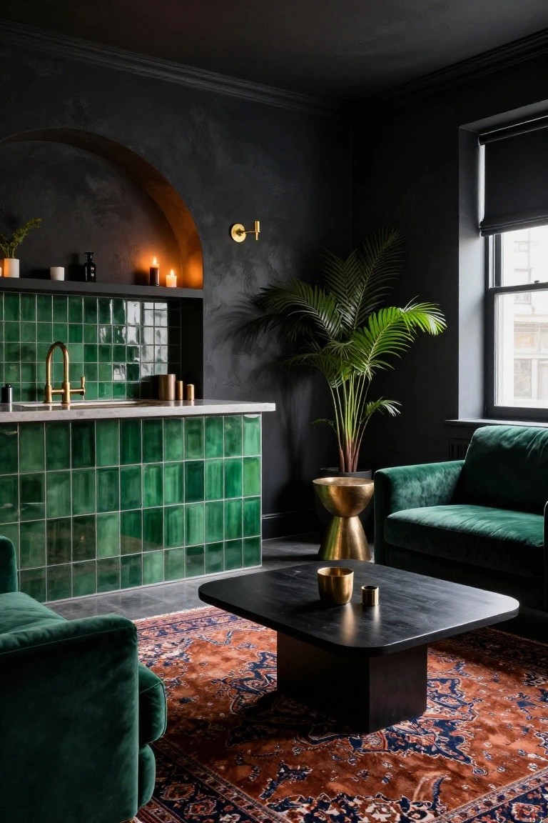 Dark-walled interior lounge with emerald green tiled bar counter and brass faucet, matching green velvet sofas, black coffee table on red rug, tall potted palm, arched niche with candles and plants, and window with roller blind.