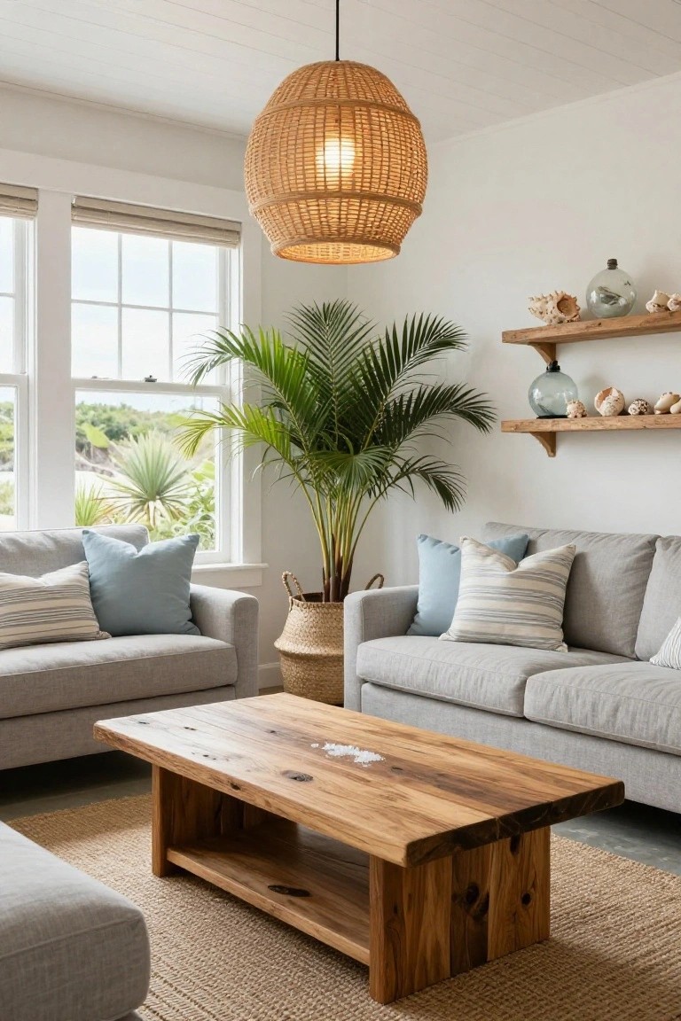 Coastal living room with gray sofas, wooden coffee table, and woven pendant light.