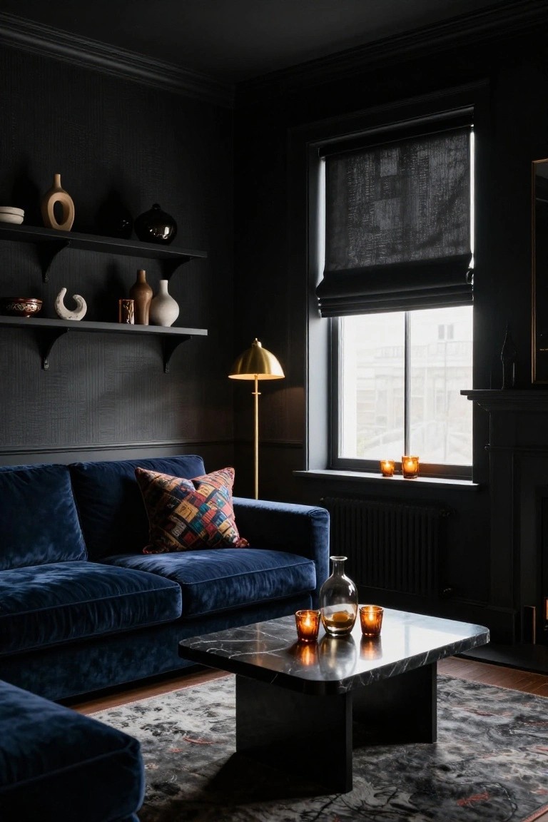Dark-walled living room with L-shaped navy blue velvet sofa and ottoman, black marble coffee table holding candles and glass vase, floating shelves displaying pottery and sculptures, gold floor lamp, window with blinds and candles on sill, and radiator below.