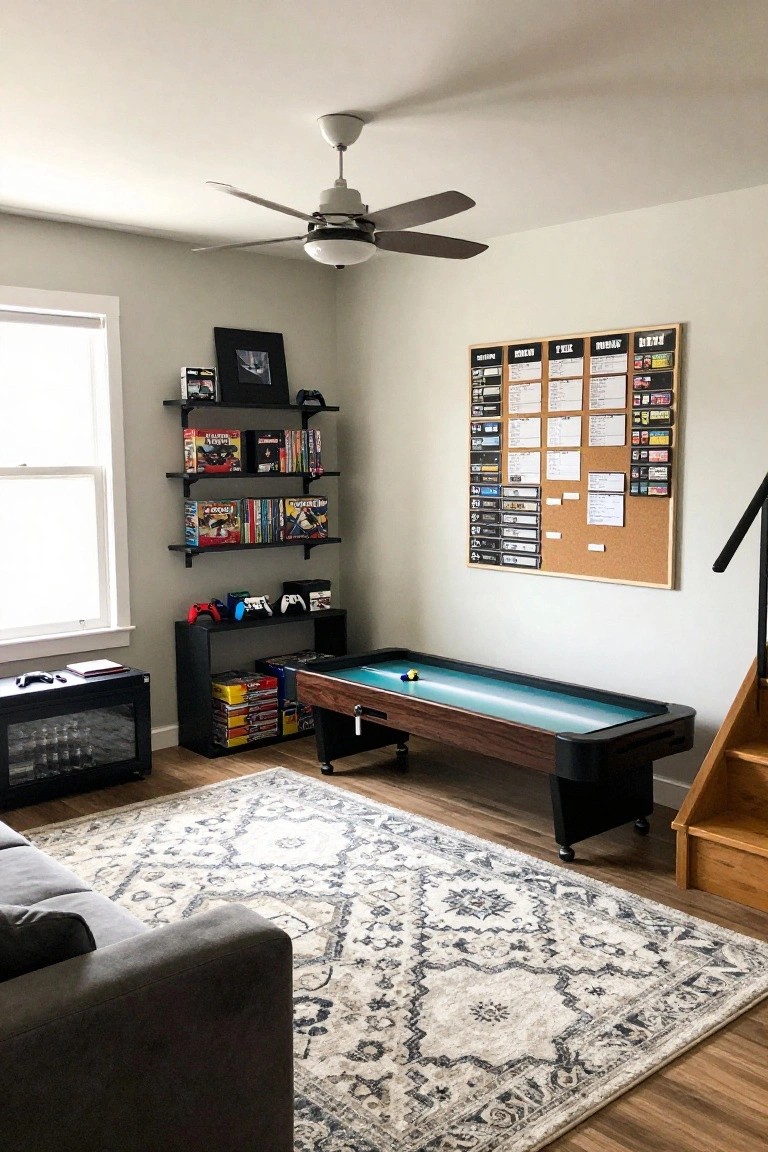 Basement living room with a wooden pool table at center, black shelves holding video game consoles and board games, gray sofa on patterned rug, gaming accessories, and stairs in corner.
