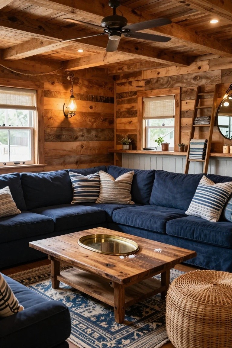 A basement living room with rustic wood-plank walls and beamed ceiling, navy blue L-shaped velvet sofa with striped and textured pillows, wooden coffee table holding a brass tray, blue patterned rug, rattan pouf, ladder shelf, and plants near windows.