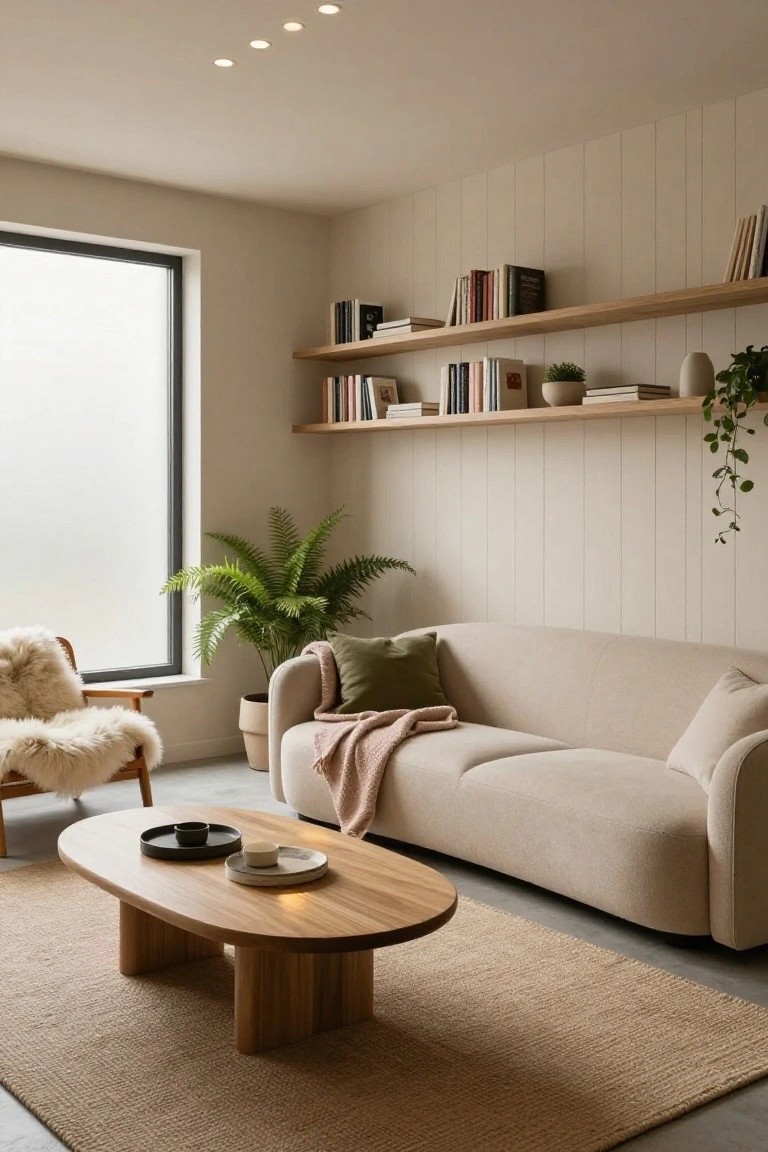 Beige living room with vertical light wood wall paneling, floating oak shelves with books and plants, curved cream sofa, sheepskin armchair by a large window, potted fern, oval wood coffee table, and seagrass rug.