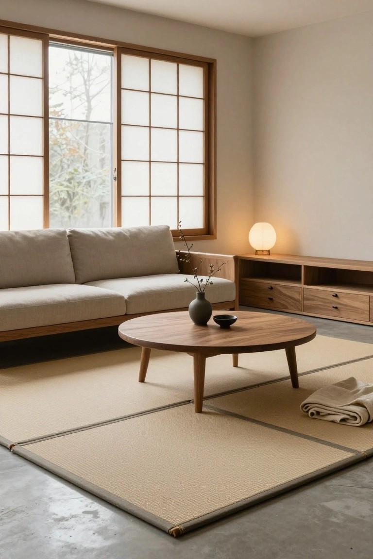 Minimalist living room with shoji screen windows, beige sofa, low round wood coffee table, wood media cabinet, lamp, vase, and beige tatami mats on gray concrete floor.