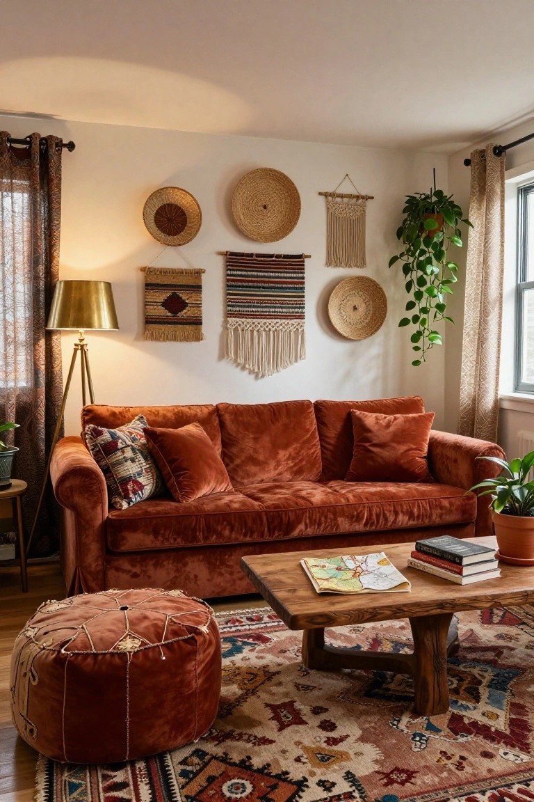 Living room with burnt orange velvet sofa, wooden coffee table, terracotta pouf, woven and basket wall hangings, macrame, plants, gold floor lamp, and patterned rug on wood floors.