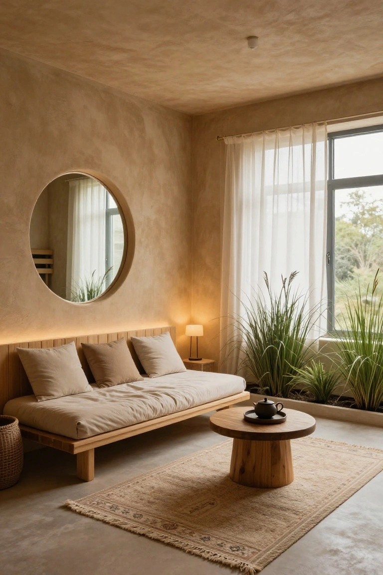Beige textured plaster walls in a minimalist indoor room with wooden low daybed, round wall mirror, sheer curtains on large window with pampas grass outside, wooden table holding teapot, and woven basket nearby.