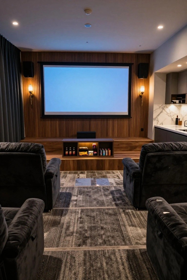 Modern basement home theater room with four black velvet recliner chairs in two tiered rows on a wooden platform facing a large blank projector screen, flanked by wood-paneled walls, wall sconces, speakers, and a console cabinet holding snacks and drinks next to a small kitchenette.