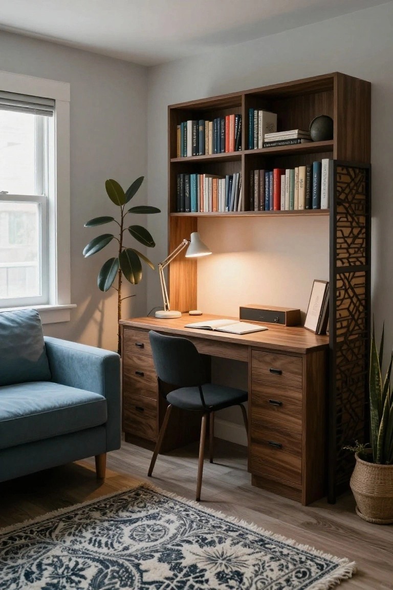Wooden desk with built-in bookshelves filled with books, a desk lamp, open notebook, potted plants, blue sofa, and patterned rug in a light gray room with window.