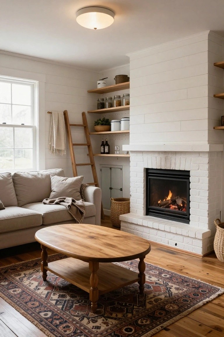 Living room with white brick fireplace burning gas logs, beige sofa with pillows and throw, oval wooden coffee table on patterned rug, freestanding wooden ladder shelf draped with towel, open wall shelves stocked with jars and plants, hardwood floors.