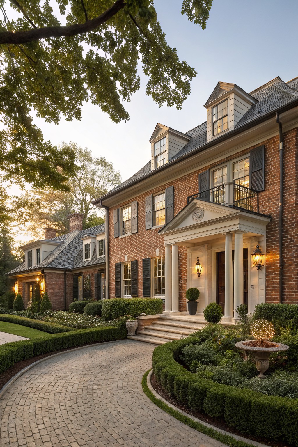 Red brick house with black shutters, white trim, columned front porch, and slate roof, flanked by trees and shrubs with a curved brick pathway leading to the entry at dusk.