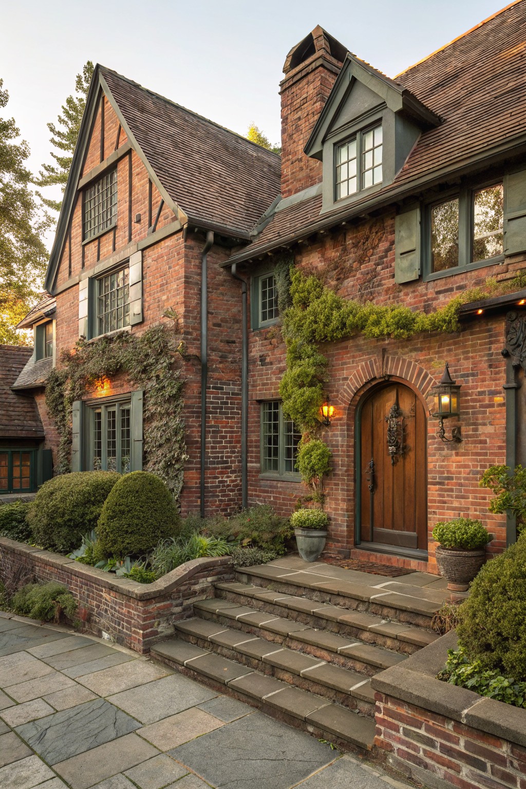 Red brick Tudor-style house exterior featuring dark green shutters on multi-pane windows, ivy-covered walls, arched wooden front door with lanterns, potted plants, and stone steps.