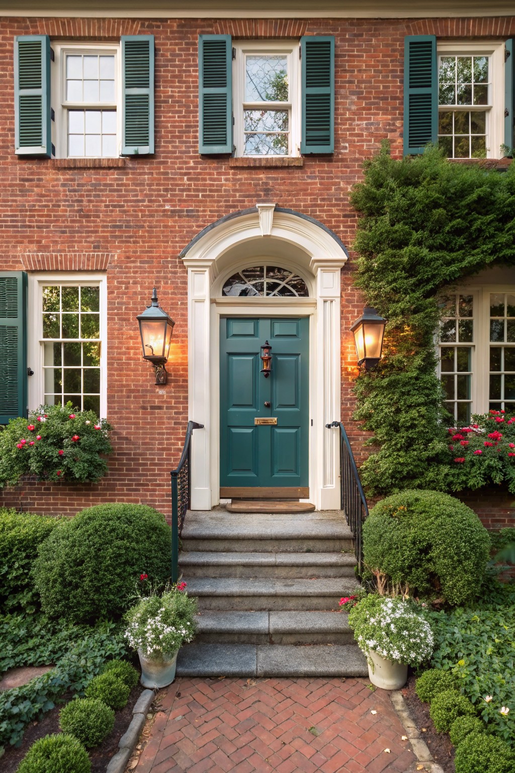 Red brick house facade with dark green shutters on the windows, a teal front door flanked by lanterns, stone steps, and boxwood shrubs in the front yard.