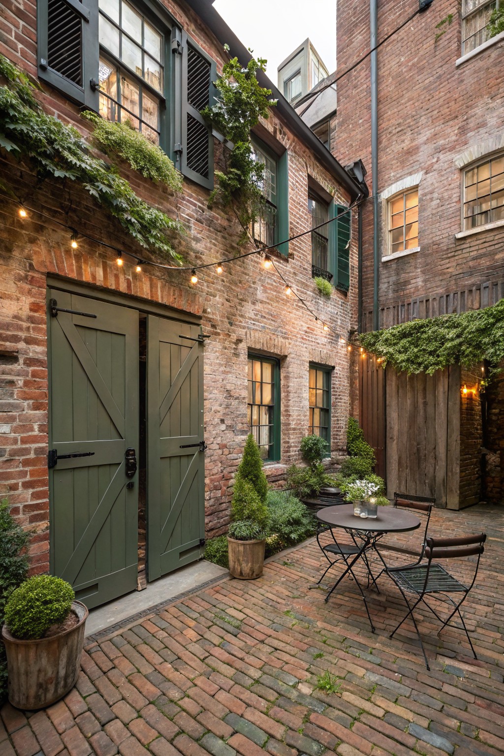 Narrow outdoor courtyard between red brick buildings featuring dark green shutters on multi-pane windows, open green double garage doors, string lights overhead, ivy climbing walls, potted plants, and a small metal bistro table with two chairs on brick pavers.