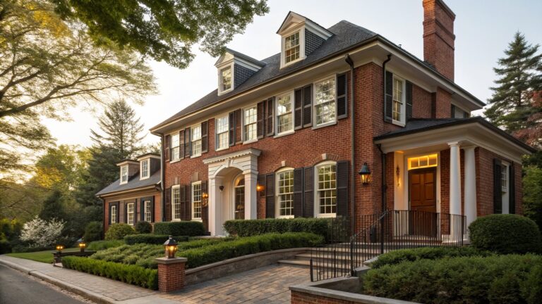 Two-story red brick house exterior with black shutters on multi-pane windows, white arched entry with wooden double doors flanked by sidelights, black lanterns, stone steps with black metal railing, boxwoods, and trees in evening light.