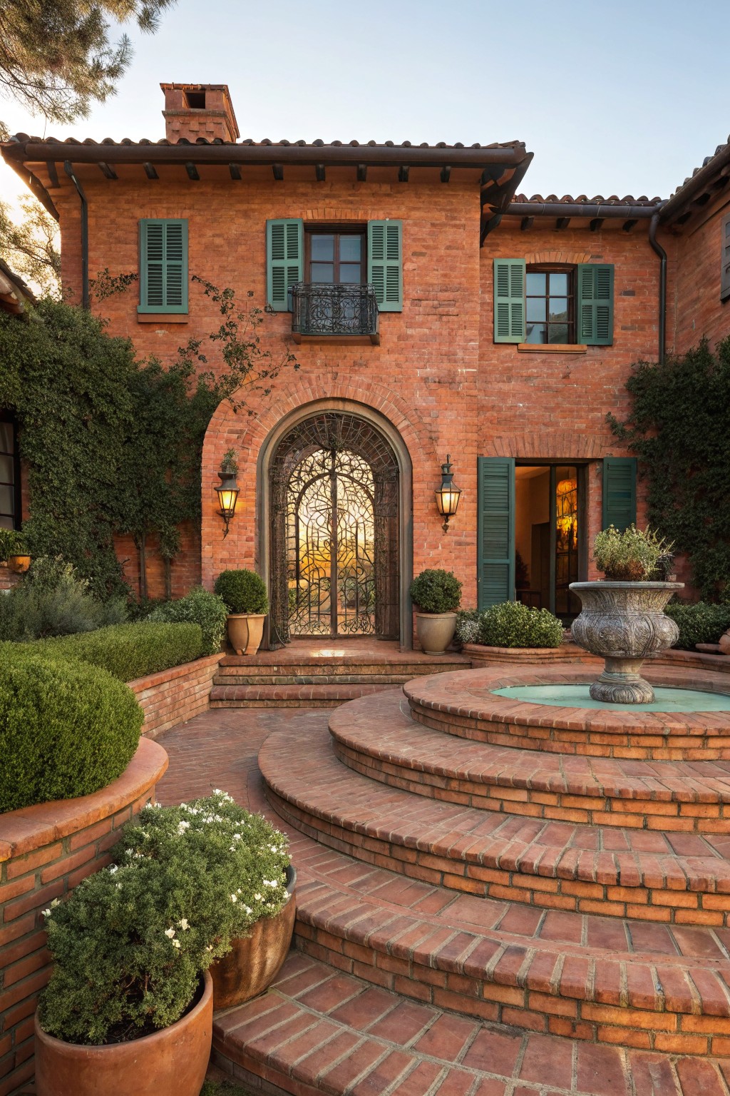 Red brick house exterior with green shutters on windows flanking an arched wrought-iron entry door, brick steps curving around a stone fountain, and boxwood shrubs in terracotta pots.