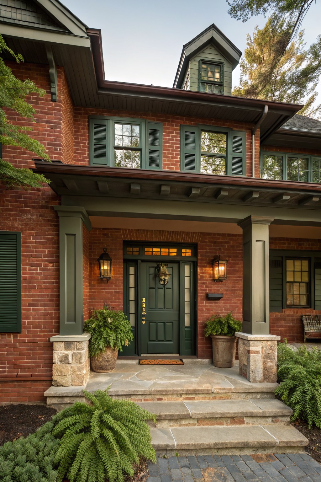 Red brick house exterior featuring dark green shutters on multi-pane windows, a dark green front door with wreath, lanterns flanking the entry, potted plants on porch, stone steps, and surrounding greenery.