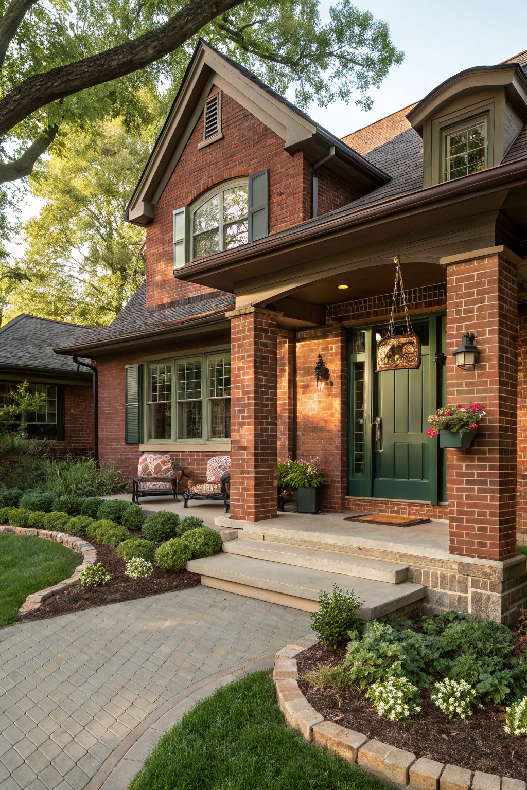 Red brick house exterior with green shutters, green front door, brick porch columns, potted plants, wicker chairs, and curved landscaping beds along a paver path.