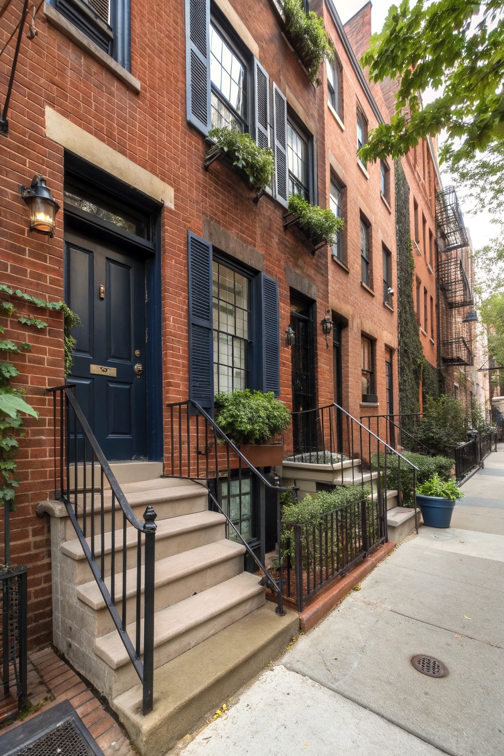 Red brick townhouse exterior with navy blue shutters and front door, black metal railings on stone steps, potted plants, and ivy along the side in a row of similar buildings.
