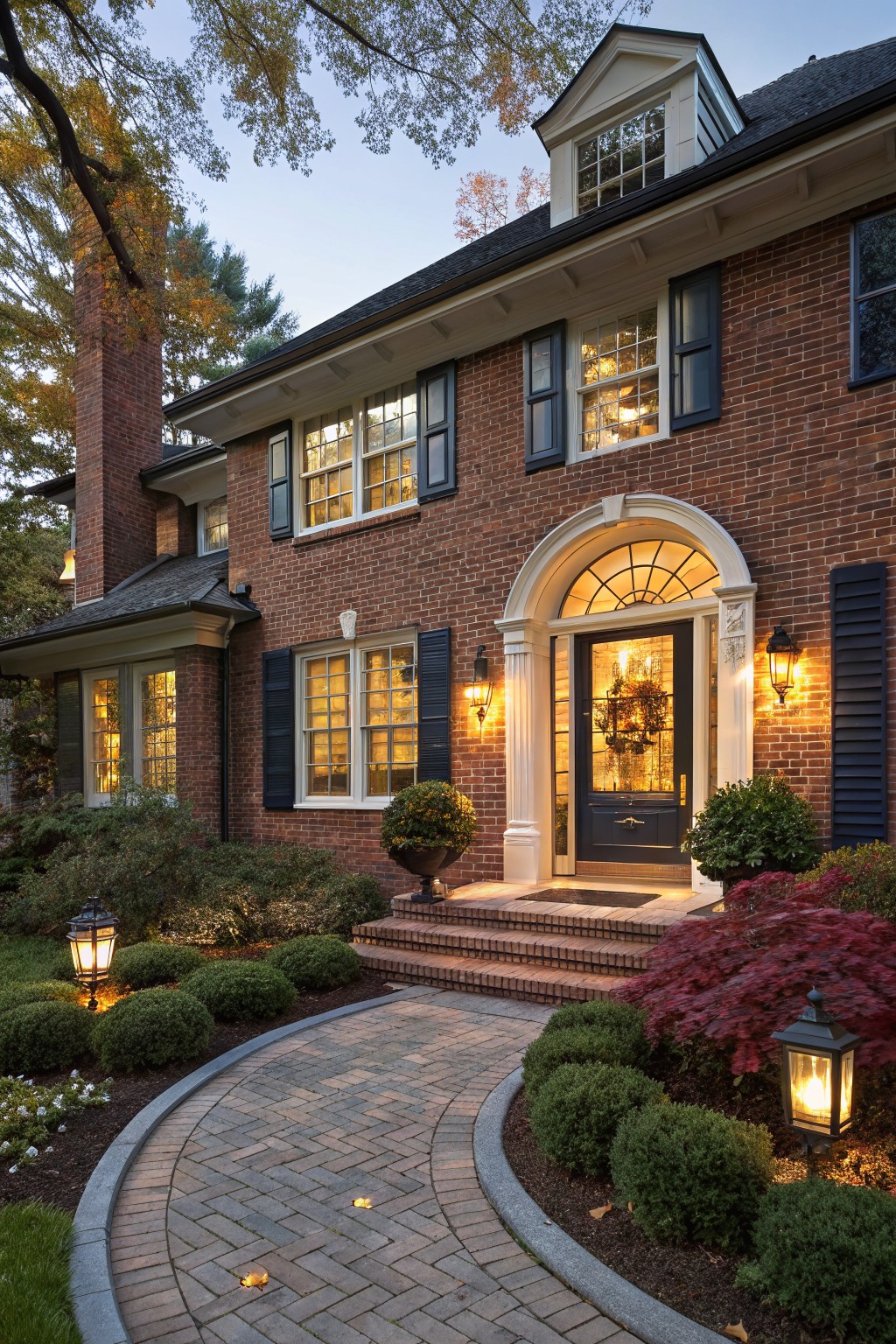 Red brick colonial-style house exterior at dusk with navy blue shutters on white-framed windows, navy front door in arched entryway, brick steps, curved paver pathway, boxwoods, lanterns, and fall landscaping.