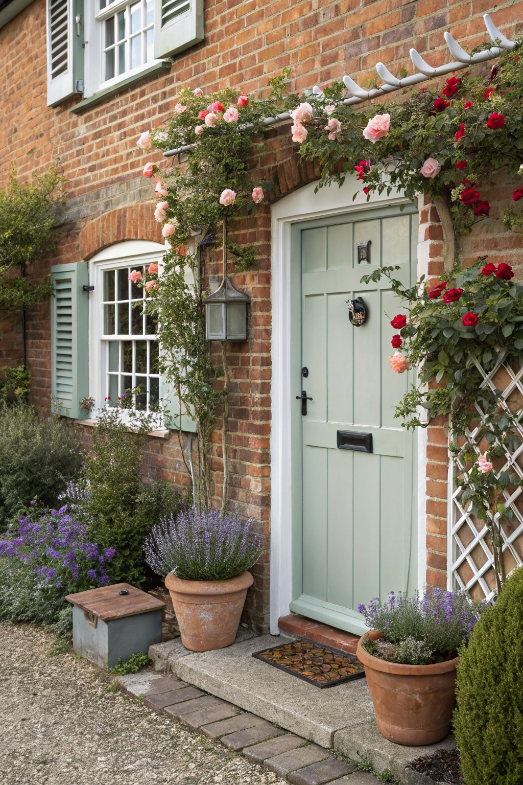 Red brick house facade with sage green front door and matching green shutters on white-framed windows, climbing roses over the arched entryway, potted lavender plants, and a gravel path.