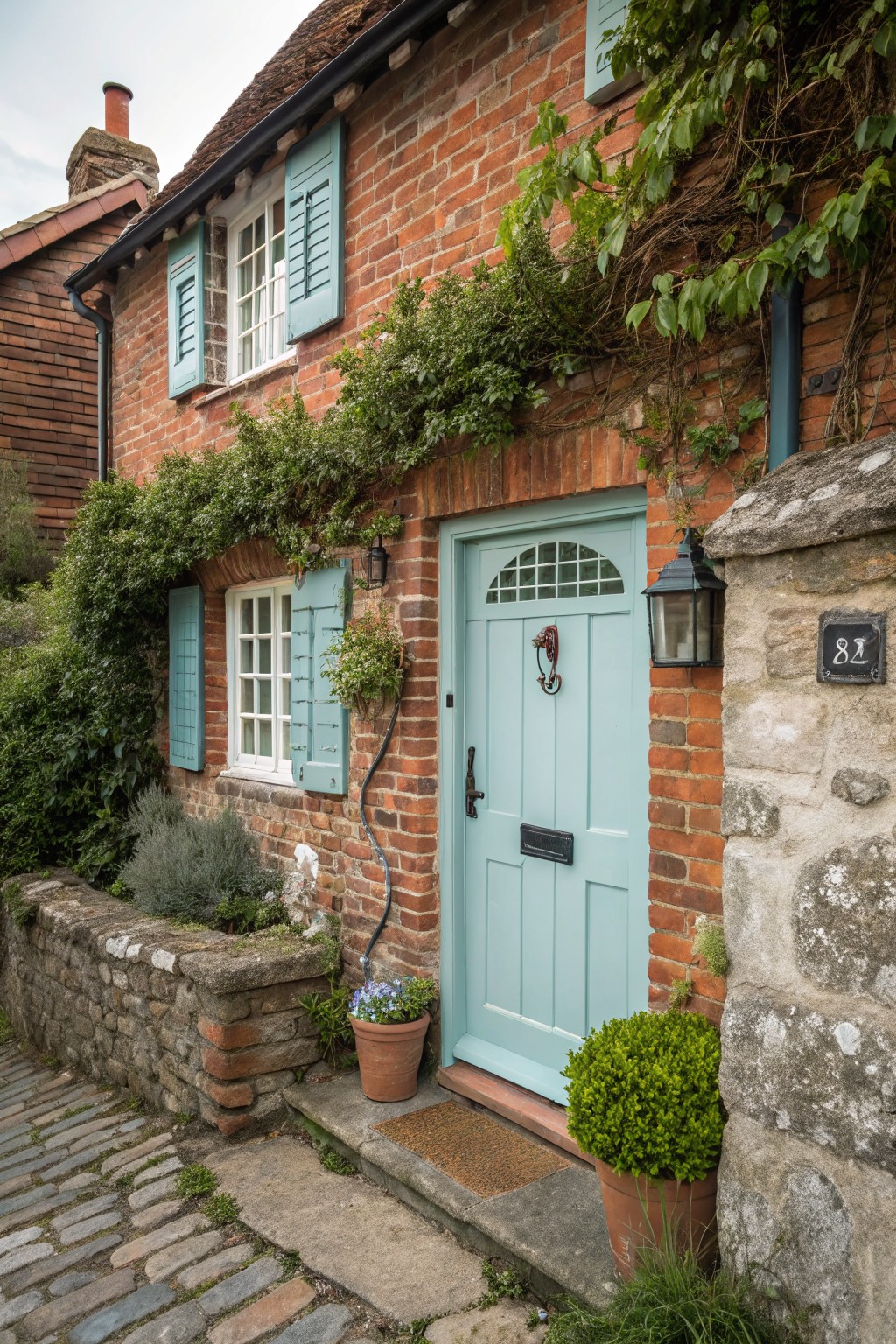 Red brick cottage exterior with light blue shutters on the windows, matching blue front door, ivy on the walls, potted plants by the stone steps, and a cobblestone path.
