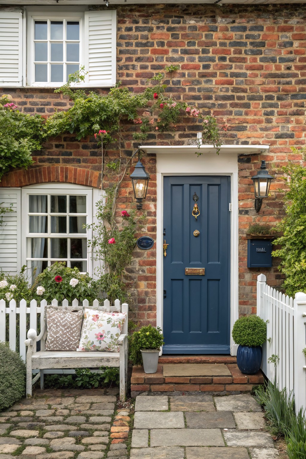 Red brick cottage exterior with white shutters on multipane windows, navy blue front door with brass knocker, climbing roses on walls, white picket fence, potted plants, and wooden bench on cobblestone path.