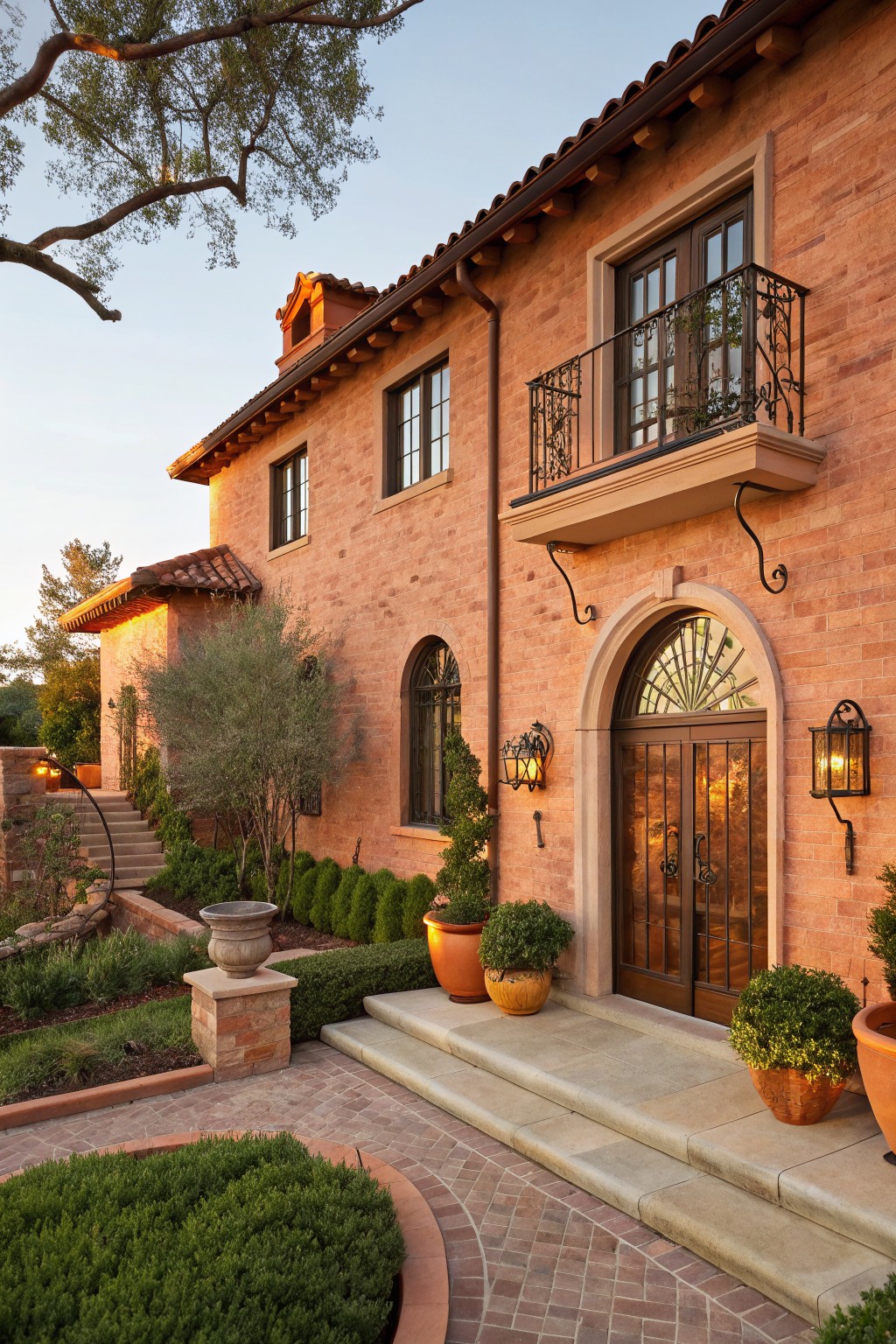 Two-story brick house exterior with terracotta tile roof, wrought iron balcony railing, arched entry with double doors and lanterns, stone steps, potted plants, and brick path.