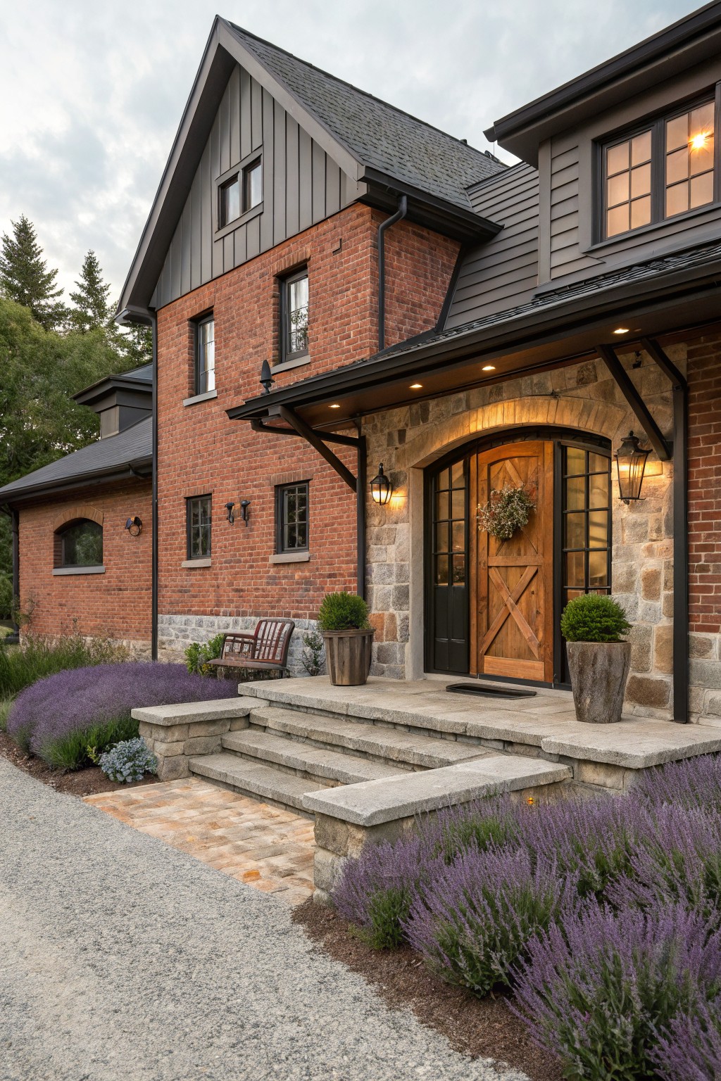 Brick house exterior featuring a tall arched stone entryway with wooden X-braced door, lanterns on sides, stone steps, bench, potted plants, lavender landscaping, and gravel driveway.