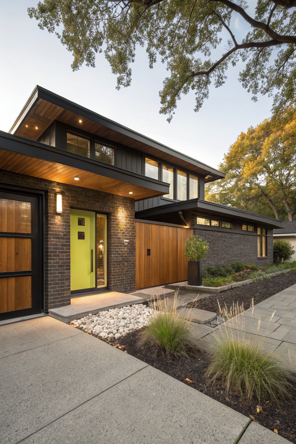 Modern house exterior with dark brick walls, lime green front door, wooden garage door, wall lights, and landscaping including ornamental grasses and pebbles along a concrete driveway and path.