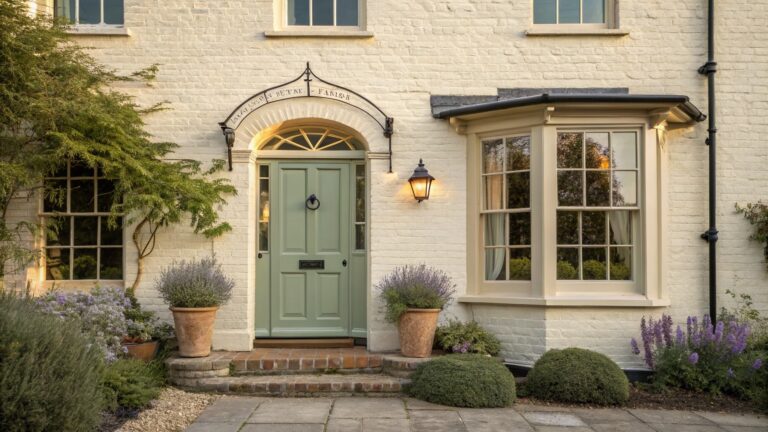 White painted brick house exterior with sage green four-panel front door, arched glass top light, black lantern, ornate metal canopy, potted topiary plants, and climbing vine on the right side.