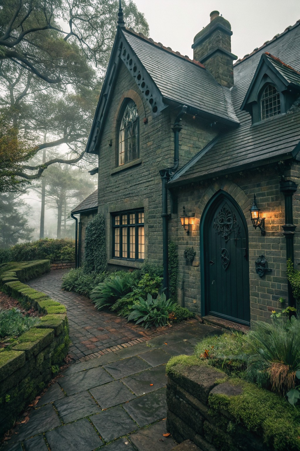 Dark brick Gothic-style house exterior with arched green front door, wrought iron lanterns, mossy stone walls, brick path, and surrounding greenery in a misty forest.