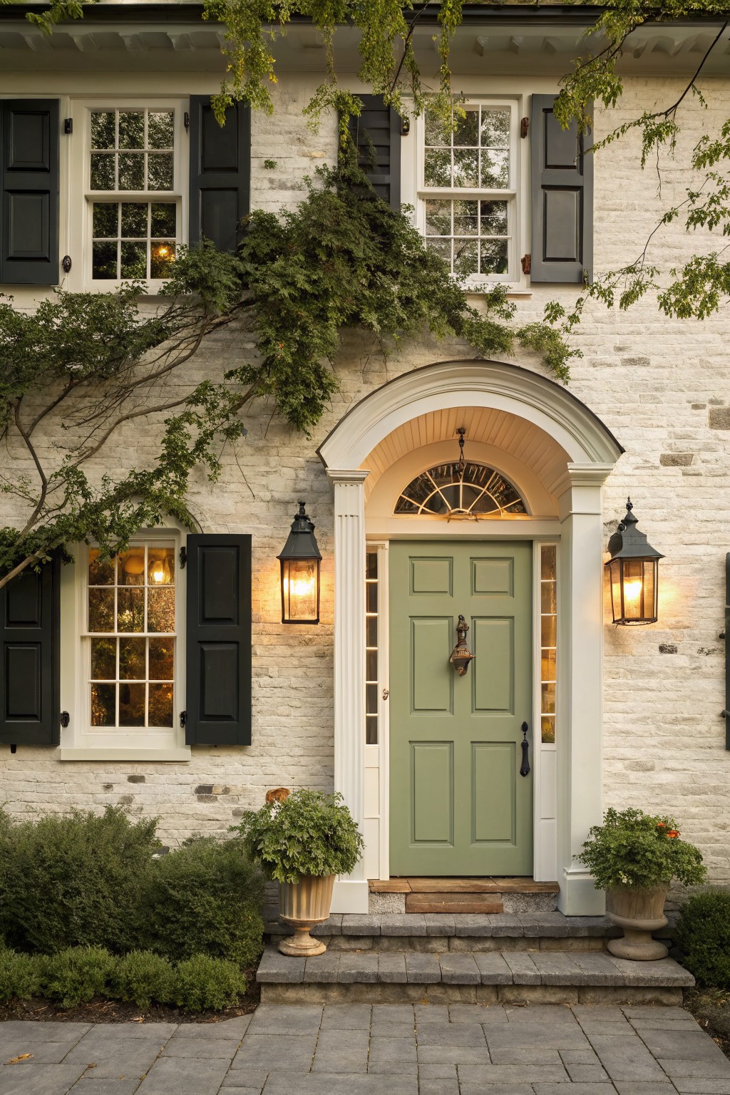 White painted brick house facade with black shutters on multipane windows, ivy climbing the walls, arched entryway with sage green six-panel door, brass knocker, lanterns on pillars, potted plants on steps, and stone walkway.