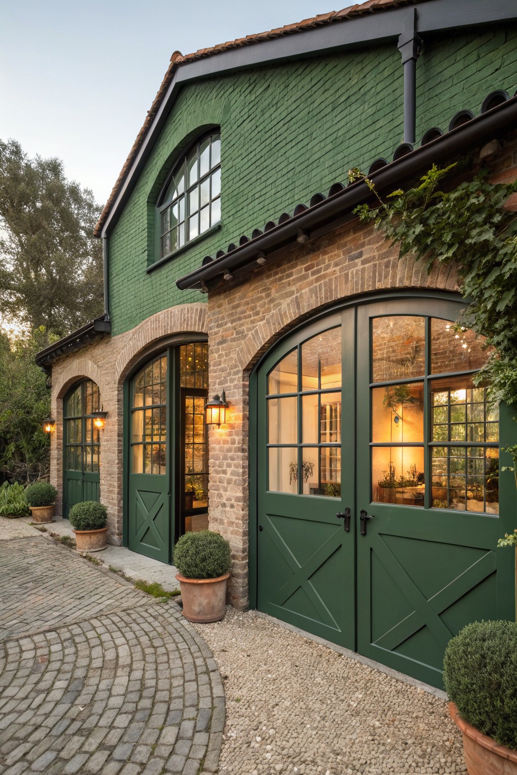 House exterior with green painted brick walls, beige brick arches framing large glass garage doors, green wooden doors, potted plants, ivy, lanterns, and a curved cobblestone pathway on gravel.
