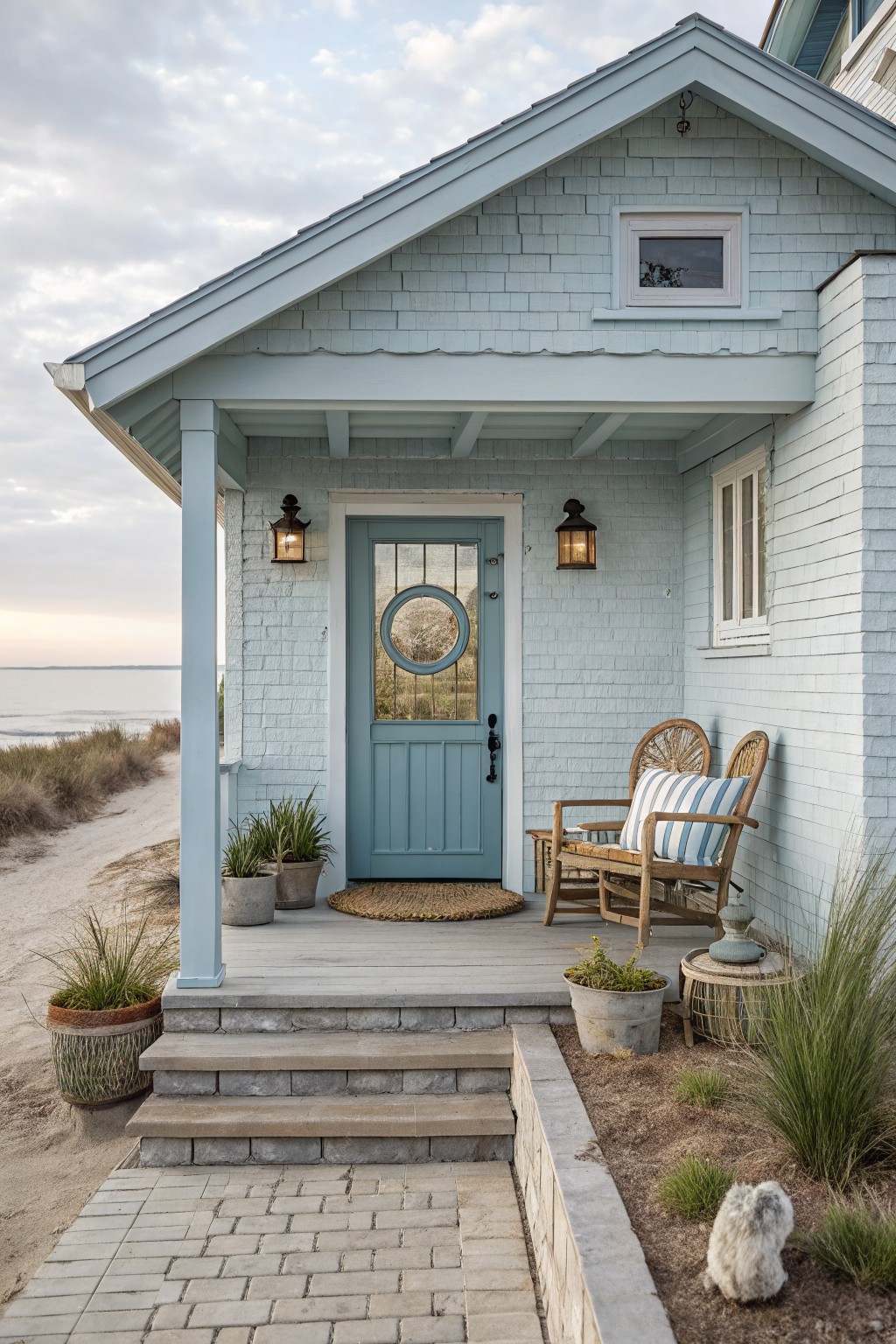 Light blue painted brick house exterior with covered porch, blue front door featuring oval window, wicker chairs with cushions, potted plants, lanterns, steps, and path near beach dunes and ocean.