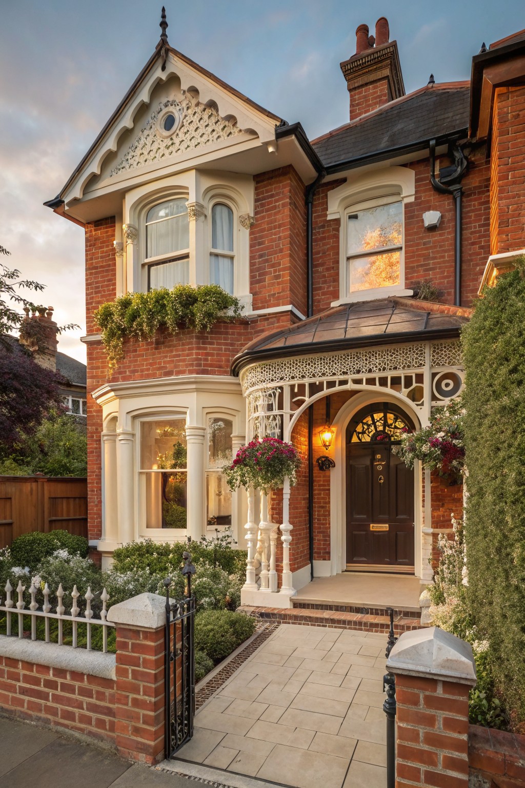 Red brick Victorian-style semi-detached house exterior featuring white ornate gable trim, bay windows, curved porch with copper roof and lattice sides, dark wood front door, hanging flower baskets, iron gate, and front garden beds at sunset.