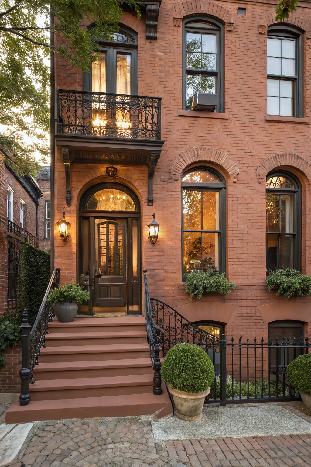 Red brick rowhouse facade with arched glass entry door flanked by lanterns, wrought iron balcony and stair railings, black window frames, potted plants, and brick steps on a cobblestone street.