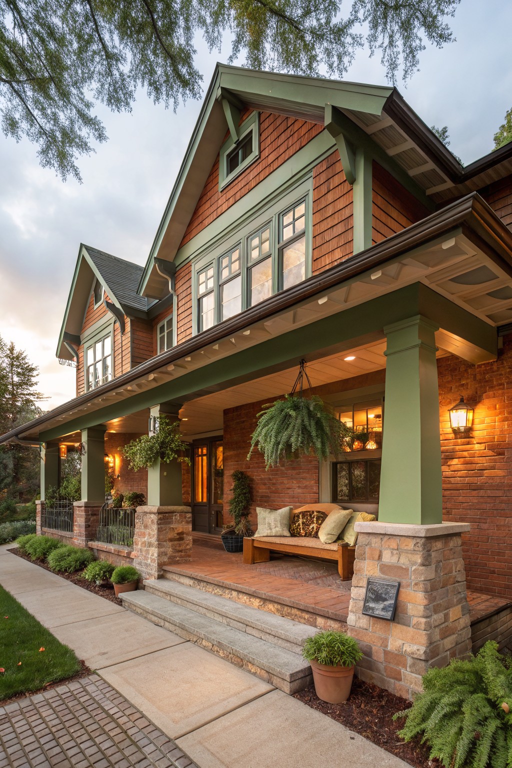 Front exterior view of a two-story Craftsman-style house with light painted brick foundation, wood shingle siding, green trim and porch columns, hanging fern, cushioned bench on porch, lanterns, brick walkway, and low plants along the edges.