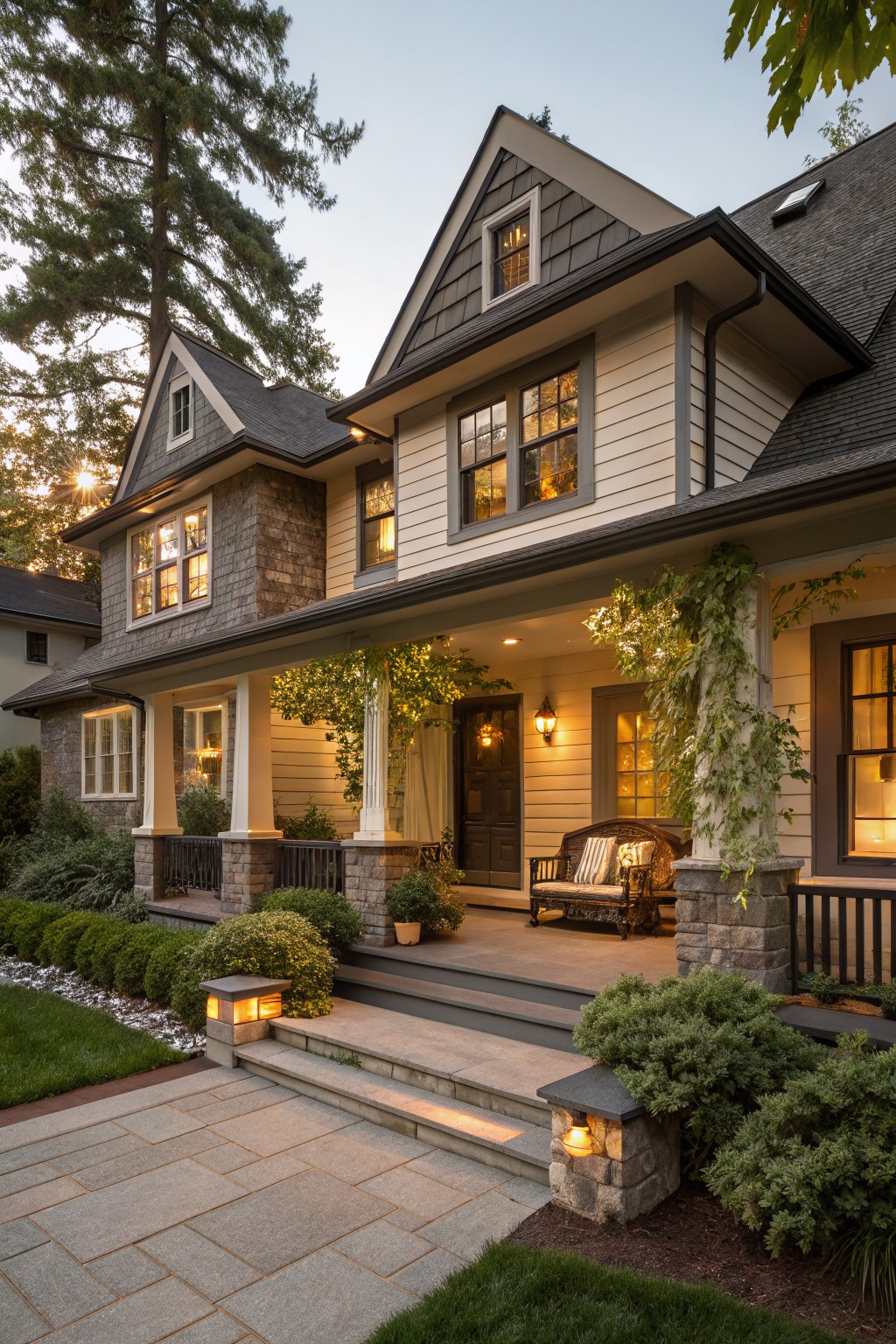 Two-story house with light gray siding, dark shingled roof, spacious front porch featuring white tapered columns on stone bases, wooden bench swing, lanterns, climbing vines, stone steps, and landscaped yard at dusk.