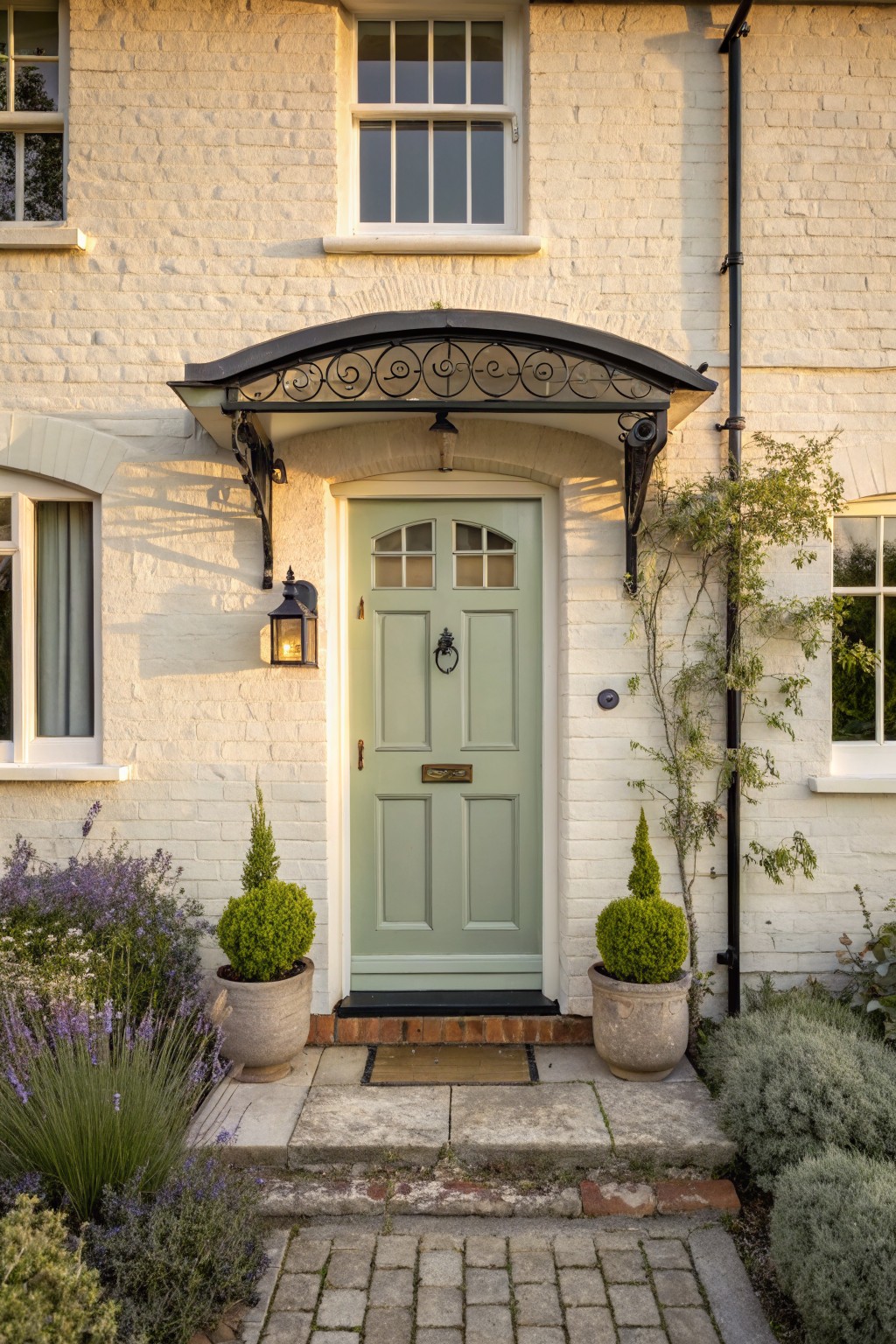 White painted brick house exterior with sage green four-panel front door, arched glass top light, black lantern, ornate metal canopy, potted topiary plants, and climbing vine on the right side.
