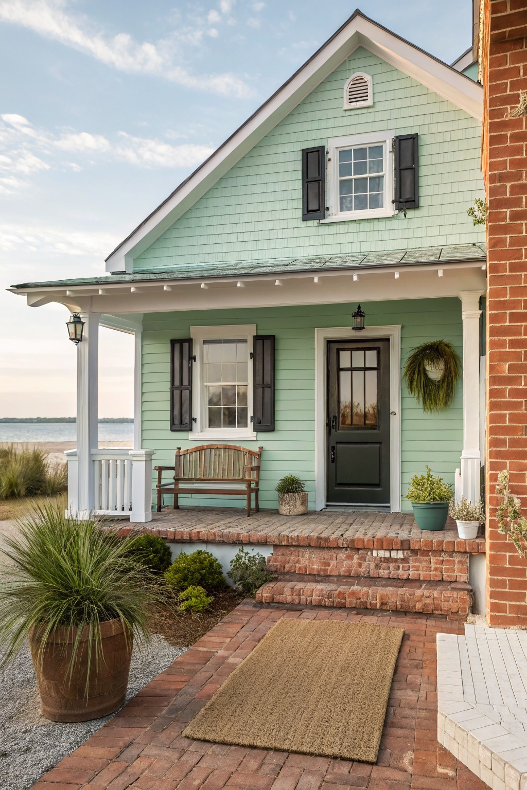Light green shingled house with gabled roof, front porch bench, dark wood door with wreath, brick steps and chimney, potted plants, and beach view in background.