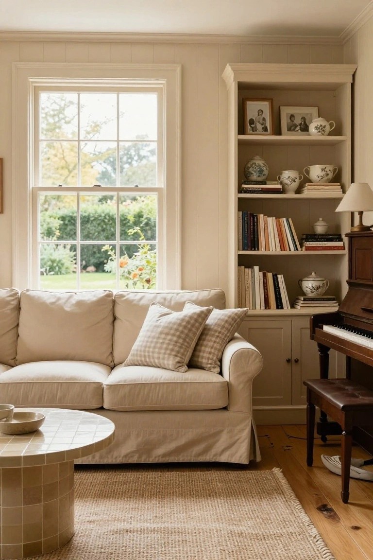 Beige Living Room with Slipcovered Sofa