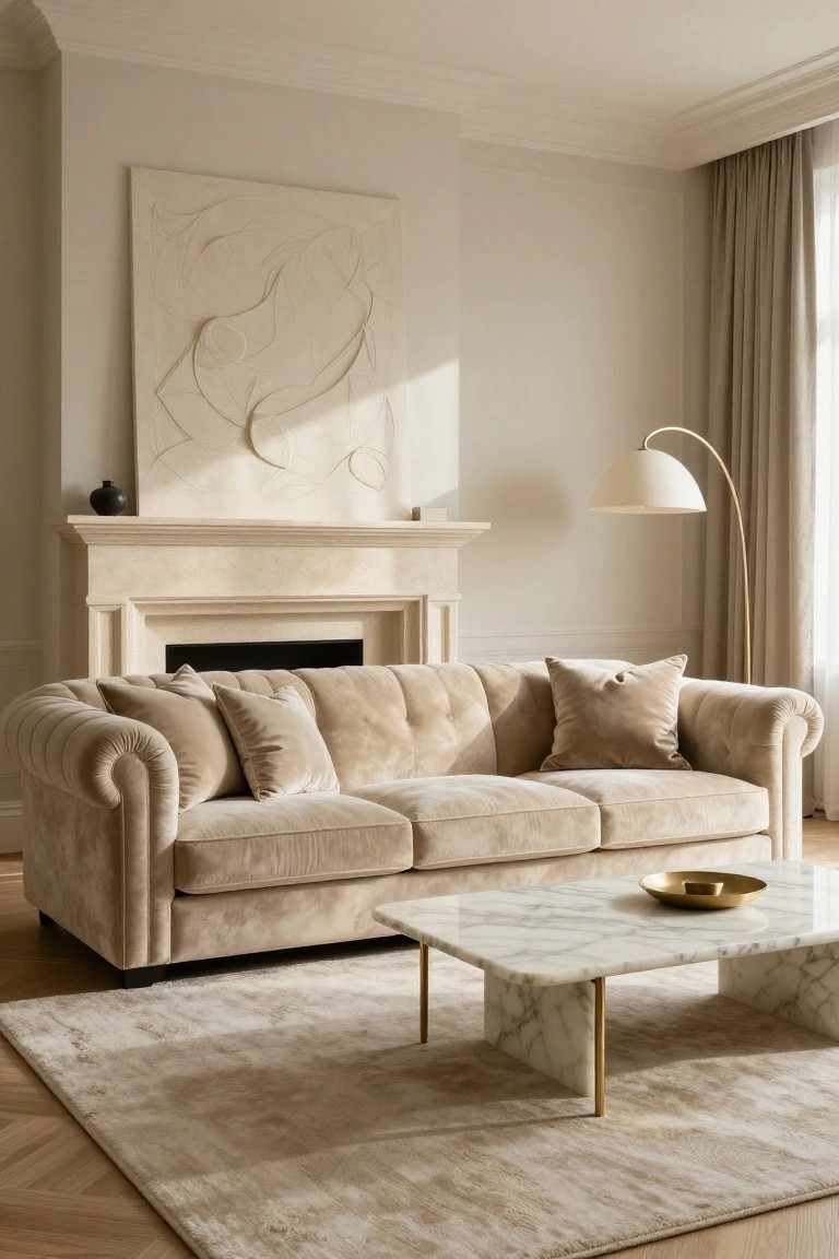 A beige living room with a tufted cream velvet three-seat sofa facing a stone fireplace, marble coffee table with gold legs, beige rug, large abstract white artwork on wall, curved floor lamp, and beige curtains.