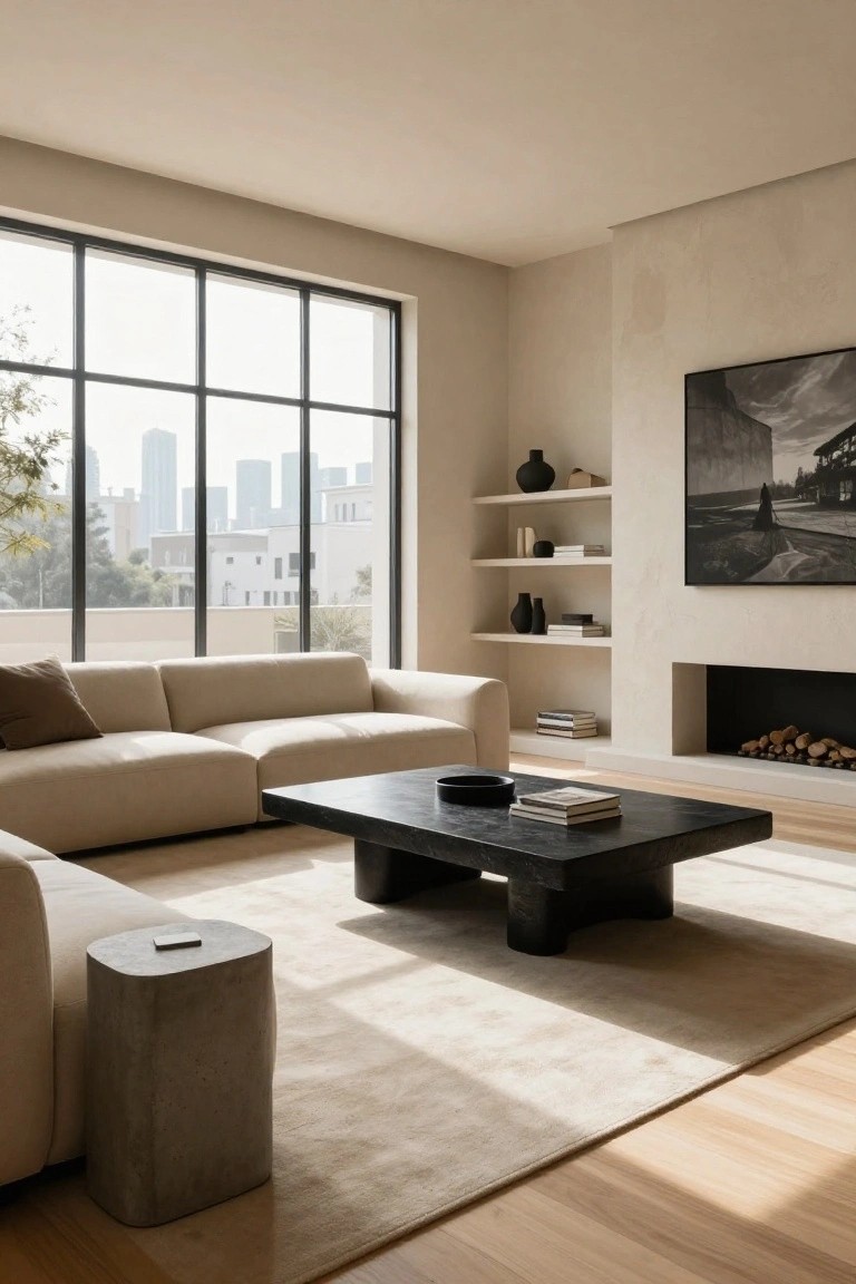 Modern living room with beige L-shaped sofa, black rectangular coffee table on cream rug, built-in shelves with black vases and white books, black fireplace, and large steel-framed windows overlooking trees and city buildings.