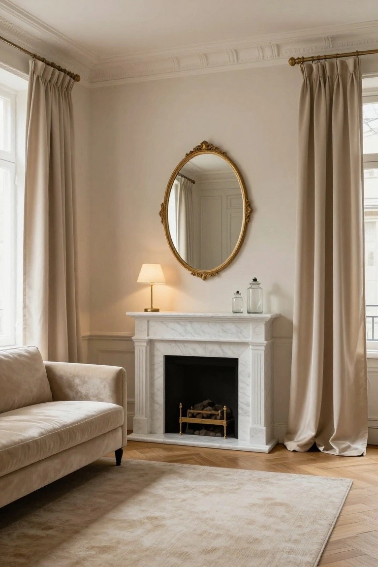 Beige living room corner with white marble fireplace, ornate gold-framed oval mirror above mantel, small table lamp and glass vases on mantel, beige velvet sofa, linen curtains on two tall windows, and light beige rug on parquet wood floor.