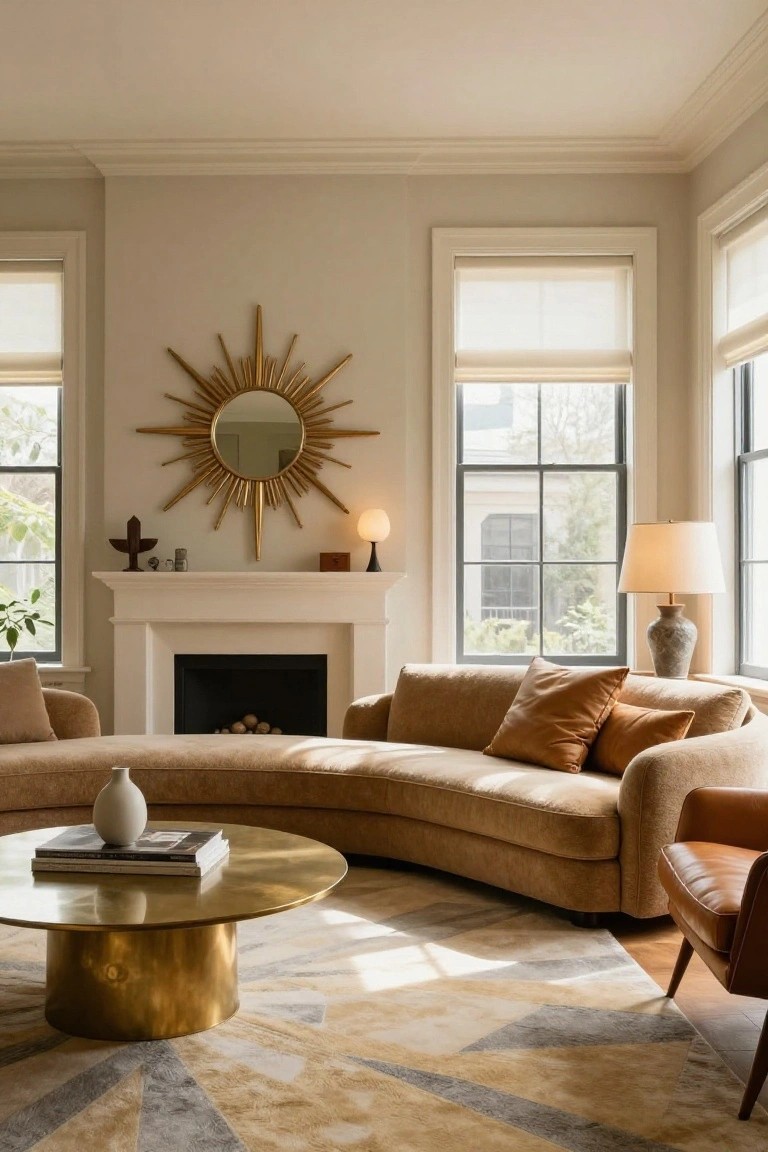 Beige living room with curved tan sofa, round brass coffee table, white fireplace mantel topped by gold sunburst mirror, two armchairs, and large windows with sheer blinds.