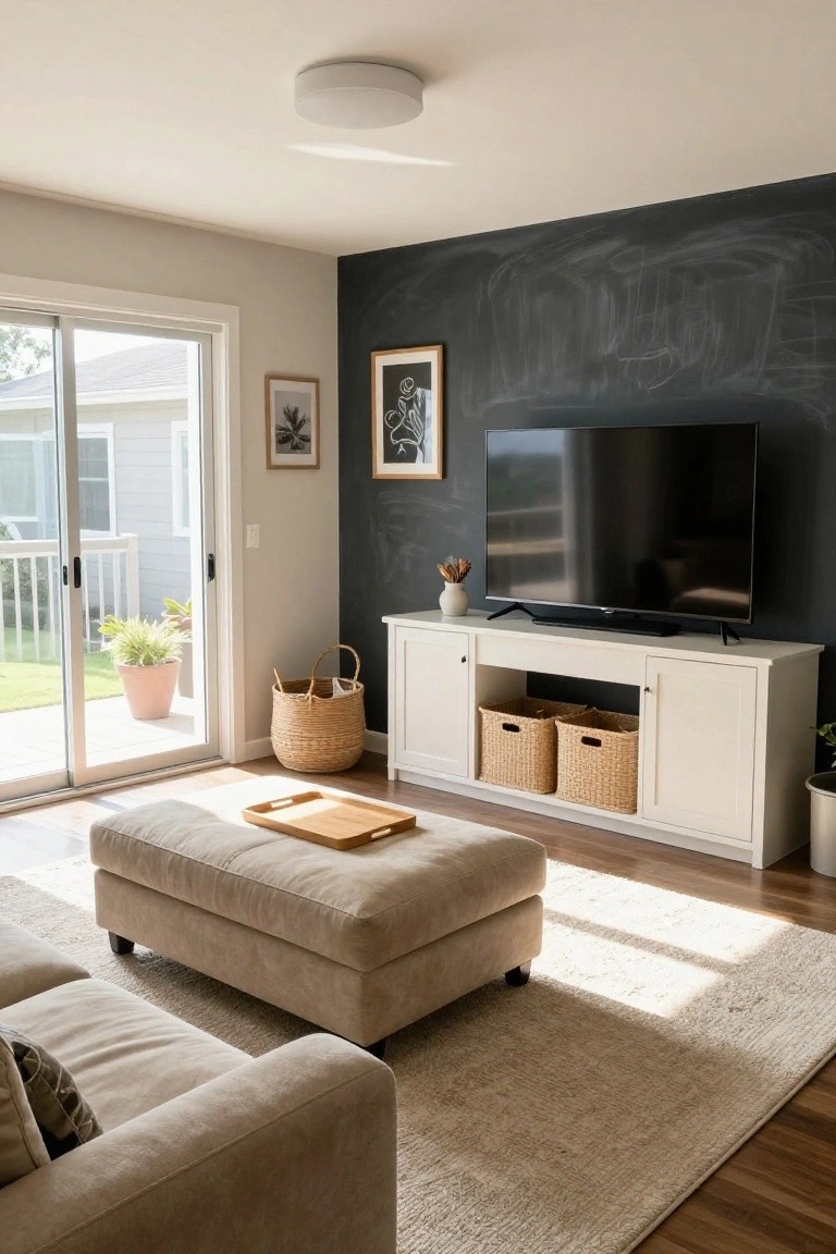 Beige living room with dark chalkboard-painted accent wall behind mounted TV on white console with seagrass baskets, beige sofa and ottoman on wood floor, and sliding glass doors to backyard patio.